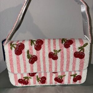 Cherry Beaded Pink Stripe Shoulder Bag